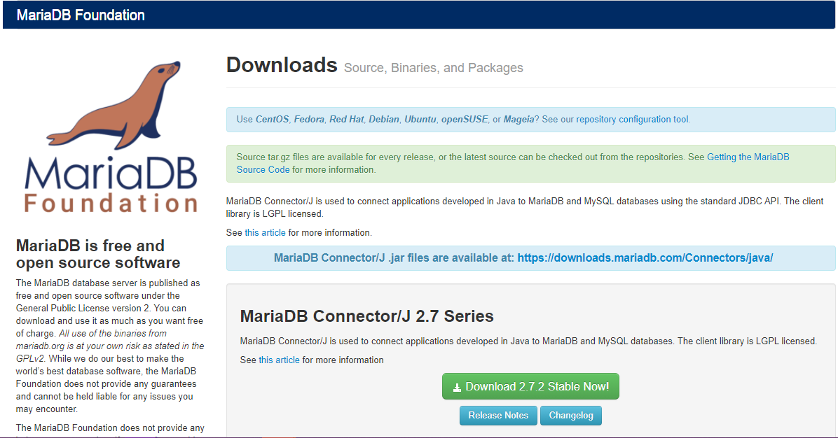 รูปหน้าเว็บไซต์ MariaDB จะมีกรอบแสดง Version เป็น Series ให้เลือกดาวน์โหลด