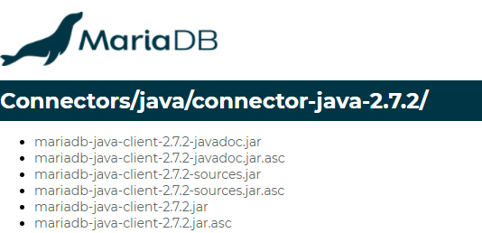 รูปหน้าจอรายการไฟล์ Connector/J เป็นไฟล์ JAR ที่ไม่มีซอร์สโค้ดของเว็บไซต์ MariaDB เราต้องเลือกไฟล์ที่ชื่อ mariadb-java-client ตามด้วยเวอร์ชัน และลงท้ายด้วย .jar