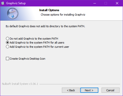 รูปแสดงหน้าจอการติดตั้ง GraphViz ในส่วนของ Install Options ต้องเลือก Add GraphViz to the system PATH for all user หรือ  Add GraphViz to the system PATH for current user เพื่อให้ GraphVizสามารถถูกเรียกใช้ได้จาก Command Line